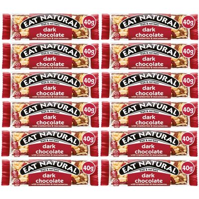 Eat Natural Fruit and Nut Bars Protein Full case Full Flavours 12x40g - Vegan gluten free, source of fibre, yoghurt coating, berries, peanut protein bars (Dark Chocolate with Cranberries & Macadamias)