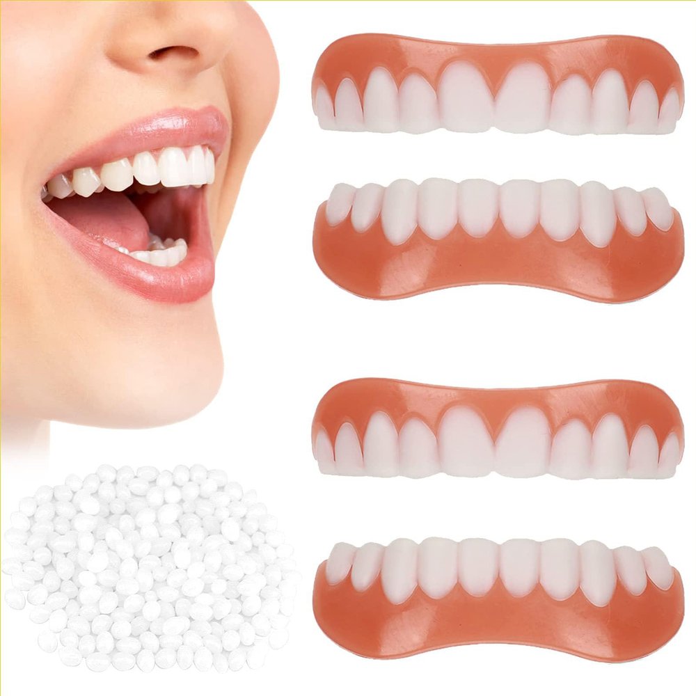 Wttfc False Teeth,2 Pair Soft Denture Reline Kit, Smile Teeth Whitening,Cosmetic Veneer Snap On Dentures Natural Tones Silicone Denture Top And Bottom For Women Men Regain Confident Smile