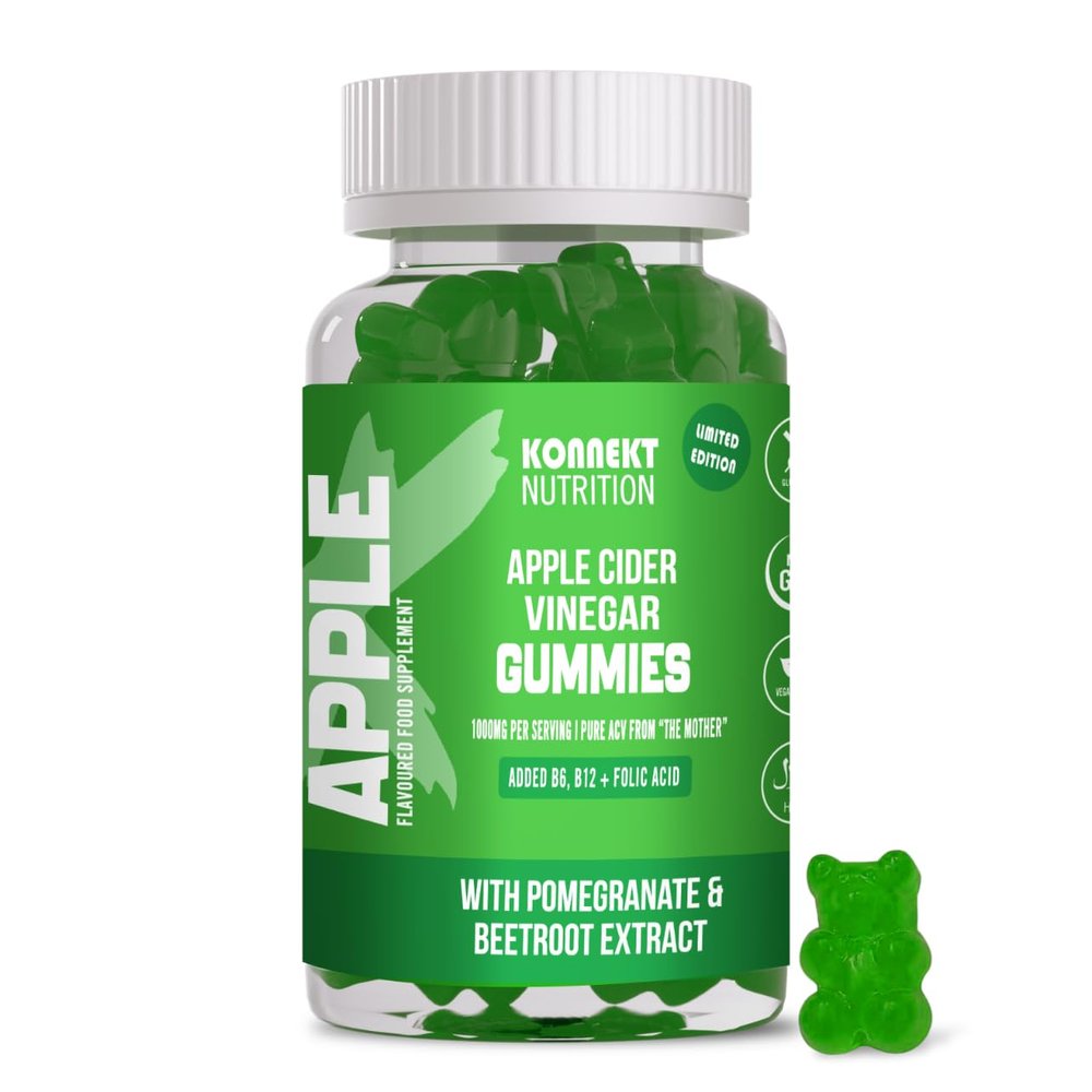 Apple Cider Vinegar Gummies with The Mother 1000mg - 60 Vegan Gummies - Pomegranate and Beetroot Powder - with Vitamin B6, B12 & Folic Acid Included - Apple Flavour