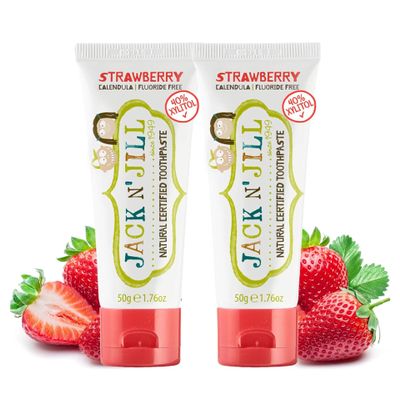 Jack N Jill Natural Certified Kids Toothpaste Fluoride-Free Toddler & Baby Toothpaste with 40% Xylitol, No Sugar, Suitable from 6 Months+, Organic Strawberry Flavour, Pack of 2 (50g Each)