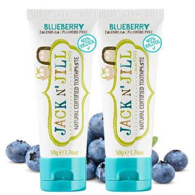 Jack N Jill Natural Certified Kids Toothpaste Fluoride-Free Toddler & Baby Toothpaste with 40% Xylitol, No Sugar, Suitable from 6 Months+, Organic Blueberry Flavour, Pack of 2 (50g Each)