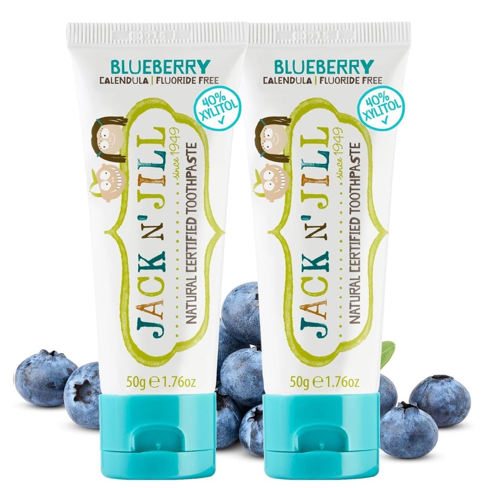 Jack N Jill Natural Certified Kids Toothpaste Fluoride-Free Toddler & Baby Toothpaste with 40% Xylitol, No Sugar, Suitable from 6 Months+, Organic Blueberry Flavour, Pack of 2 (50g Each)