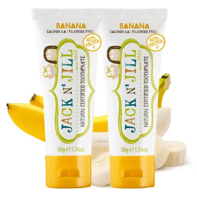 Jack N Jill Natural Certified Kids Toothpaste Fluoride-Free Toddler & Baby Toothpaste with 40% Xylitol, No Sugar, Suitable from 6 Months+, Organic Banana Flavour, Pack of 2 (50g Each)