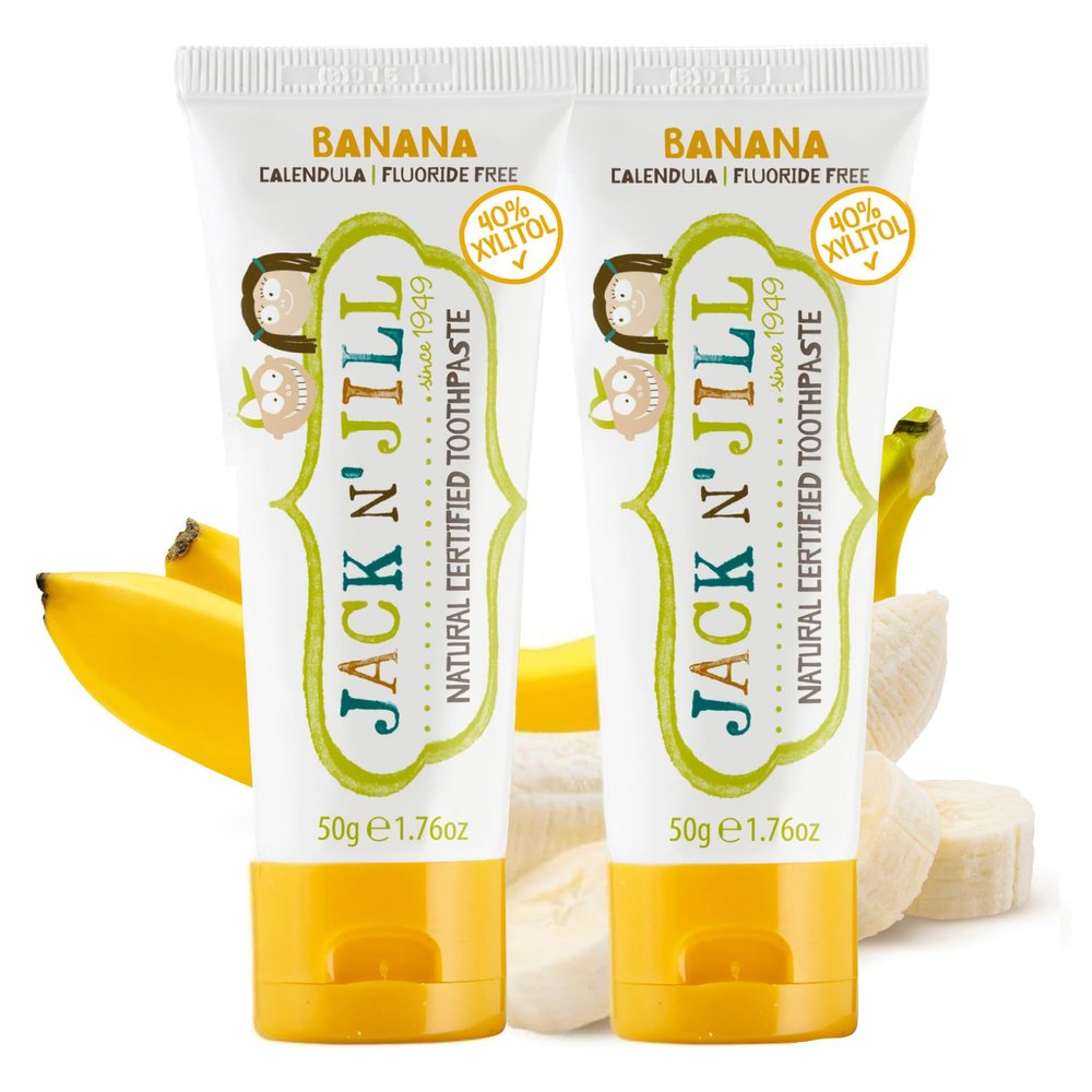 Jack N Jill Natural Certified Kids Toothpaste Fluoride-Free Toddler & Baby Toothpaste with 40% Xylitol, No Sugar, Suitable from 6 Months+, Organic Banana Flavour, Pack of 2 (50g Each)