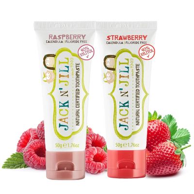 Jack N Jill Natural Certified Kids Toothpaste Fluoride-Free Toddler & Baby Toothpaste with 40% Xylitol, No Sugar, Suitable from 6 Months+, Raspberry & Strawberry Flavour, Pack of 2 (50g Each)