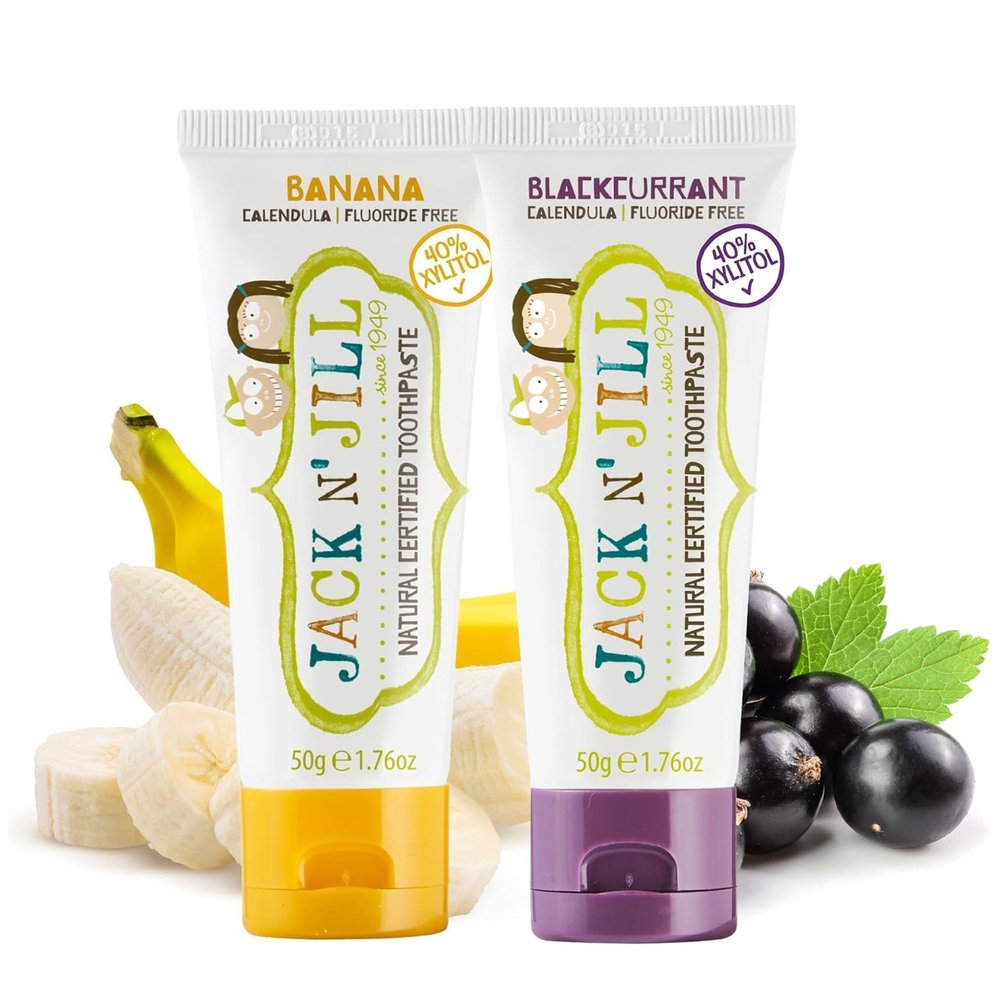 Jack N Jill Natural Certified Kids Toothpaste Fluoride-Free Toddler & Baby Toothpaste with 40% Xylitol, No Sugar, Suitable from 6 Months+, Banana & Blackcurrant Flavour, Pack of 2 (50g Each)