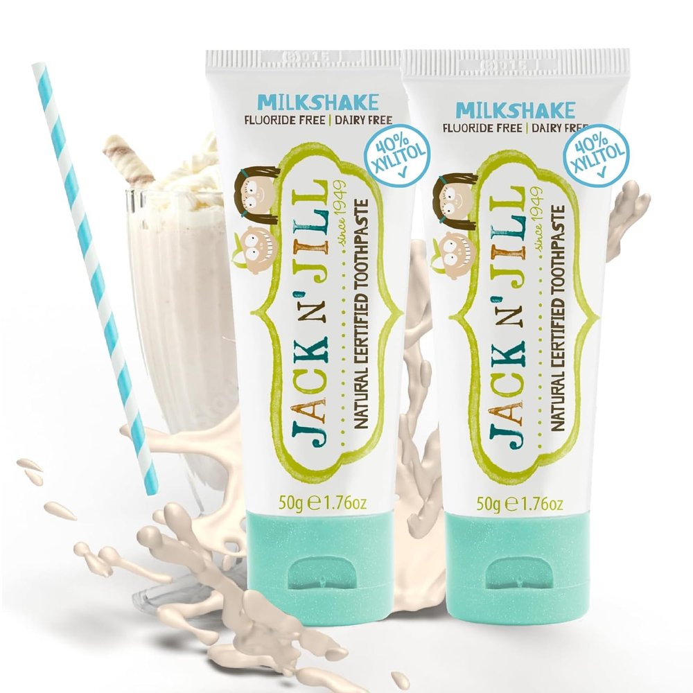 Jack N Jill Natural Certified Kids Toothpaste Fluoride-Free Toddler & Baby Toothpaste with 40% Xylitol, No Sugar, Suitable from 6 Months+, Organic Milkshake Flavour, Pack of 2 (50g Each)