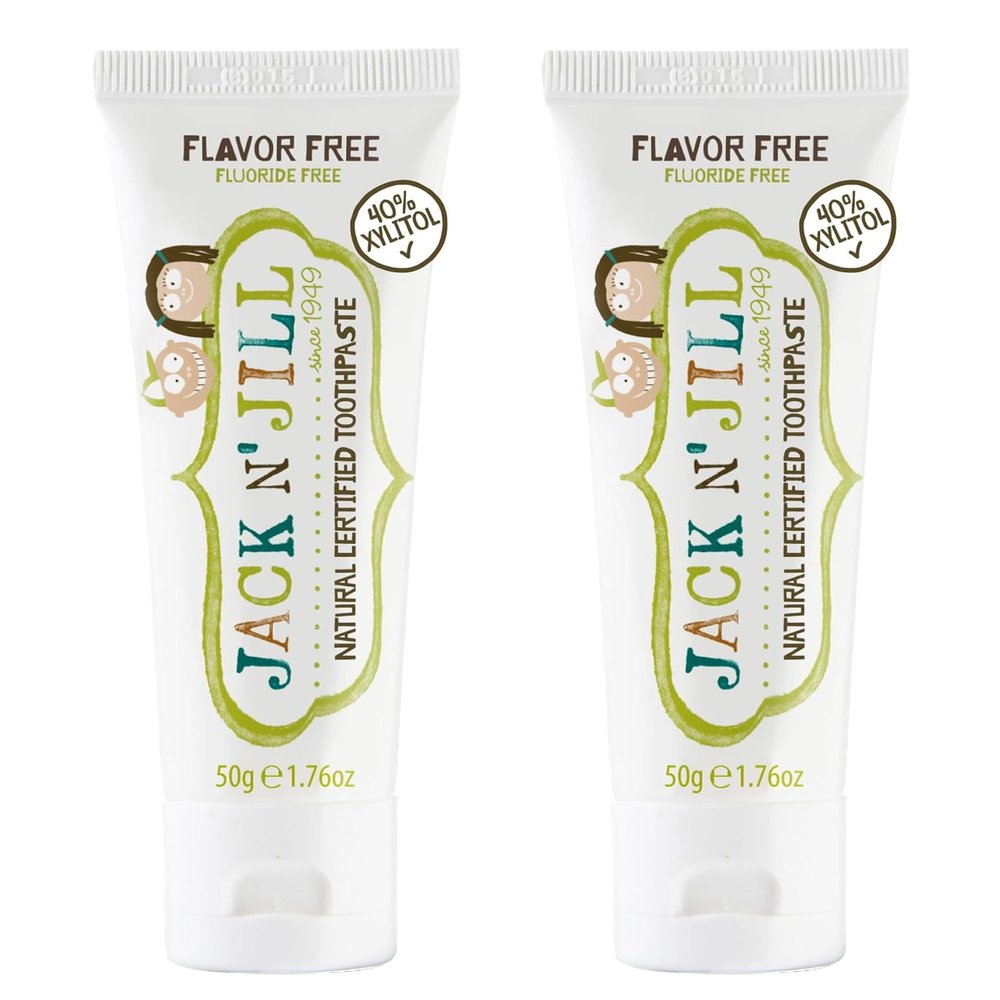 Jack N Jill Natural Certified Kids Toothpaste Fluoride-Free Toddler & Baby Toothpaste with 40% Xylitol, No Sugar, Suitable from 6 Months+, Flavour-Free, Pack of 2 (50g Each)