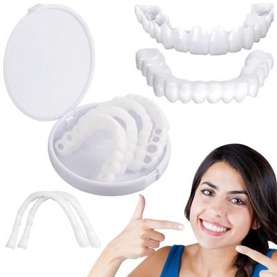 Dazzluxe False Teeth, Temporary Whitening Clip in Veneers Teeth, Cosmetic Fake Teeth Veneers Top And Bottom, Snap on Dentures Veneers for Men Women with Bad Teeth,4 Pack