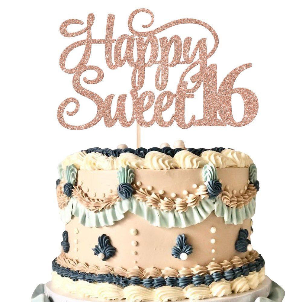 1 Pack Happy Sweet 16 Cake Topper Glitter Sweet 16 Cheers to 16 Years Old Birthday Cake Pick for 16th Birthday Anniversary Party Cake Decorations Supplies Rosegold
