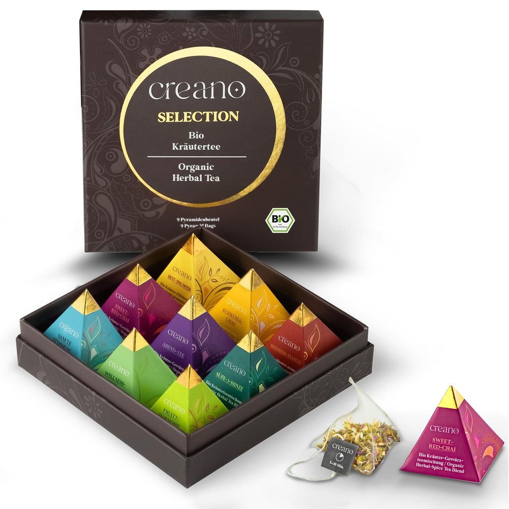 Creano Organic Herbal Tea Gift Set 9 Pyramid Bags, 9 Biological Infusions with Herbs, Fruits & Spices Caffeine-Free Wellness Selection Ideal Gift for Tea Lovers*
