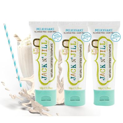 Jack N Jill Natural Certified Kids Toothpaste  Fluoride-Free Toddler & Baby Toothpaste with 40% Xylitol, No Sugar, Suitable from 6 Months+, Organic Milkshake Flavour, Pack of 3 (50g Each)
