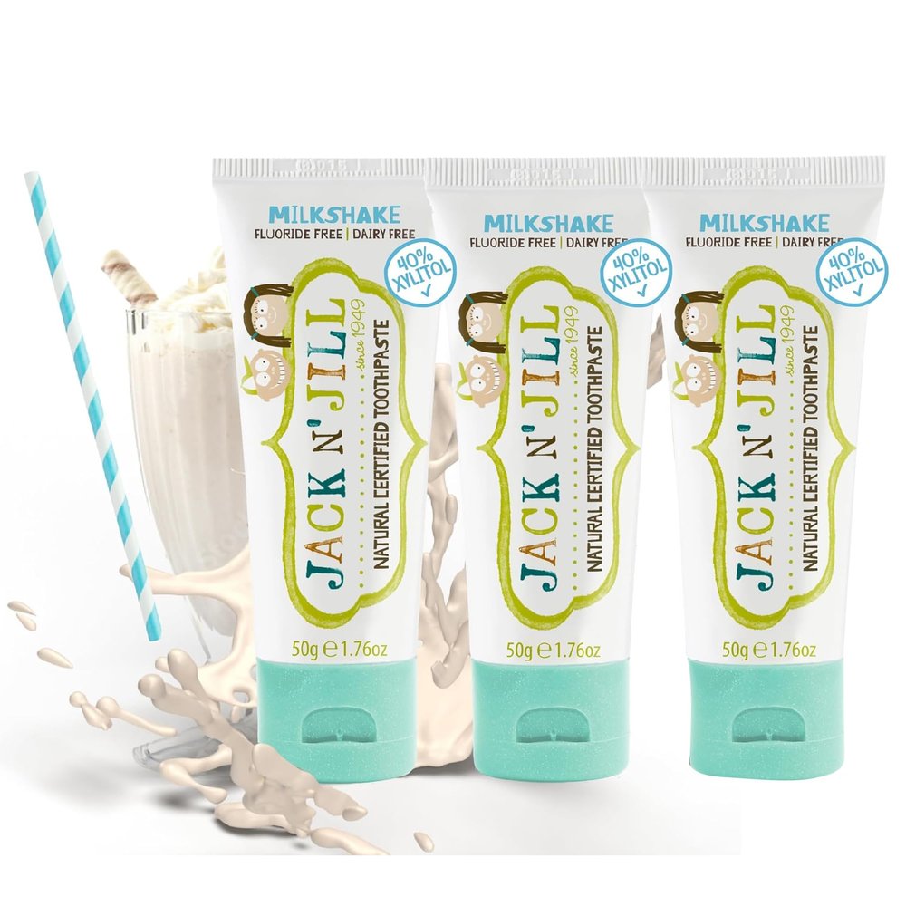 Jack N Jill Natural Certified Kids Toothpaste  Fluoride-Free Toddler & Baby Toothpaste with 40% Xylitol, No Sugar, Suitable from 6 Months+, Organic Milkshake Flavour, Pack of 3 (50g Each)