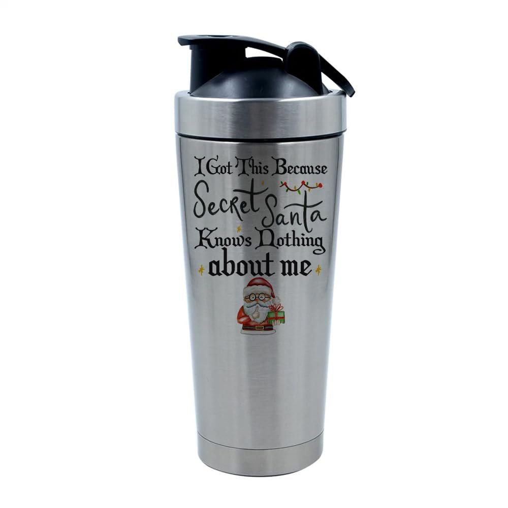 Getagift I Got This Because Secret Santa Knows Nothing About Me, Humorous Christmas 500ml Aluminium Shaker Bottle for Supplement Shakes - Easy Clean, Durable Cup. (Silver)