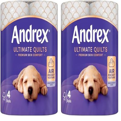 Andrex Supreme Quilts Toilet Tissue, 4 Quilted Toilet Rolls White (Pack of 2)