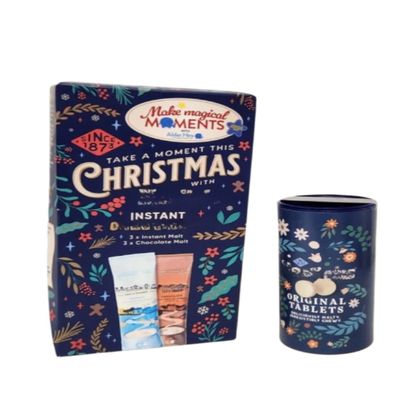 Malted Drink Gift Box with Instant Malt Sachets Chocolate Malt Sachets and Chewy Malt Tablets Festive Warm Beverage Treat Set