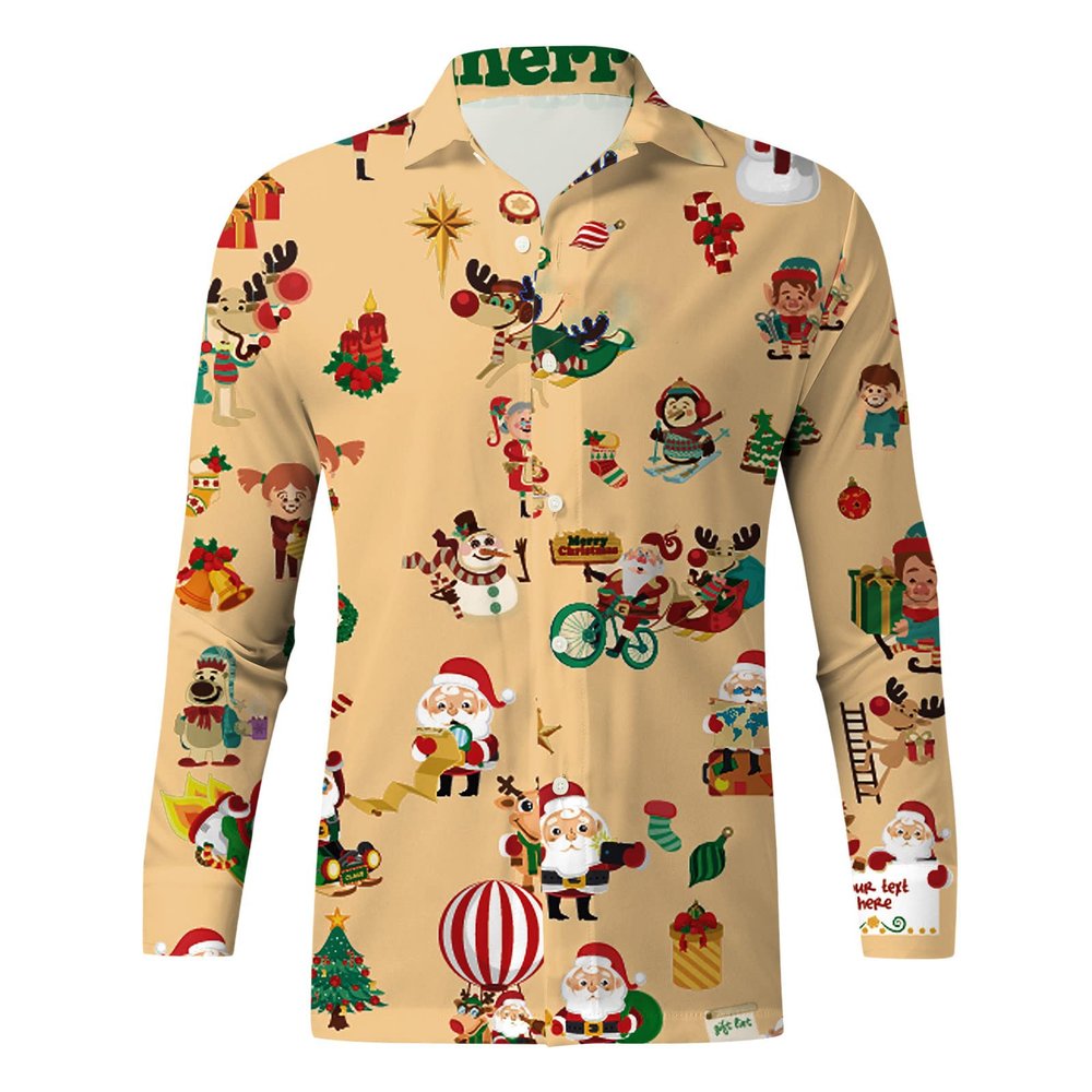Mymyguoe Christmas Shirt Men's Christmas Shirt Regular Fit Xmas Shirt Christmas Shirt Theme Shirt Christmas Print Ugly Shirt 3D Digital Print Men's Shirt with Buttons, khaki, L