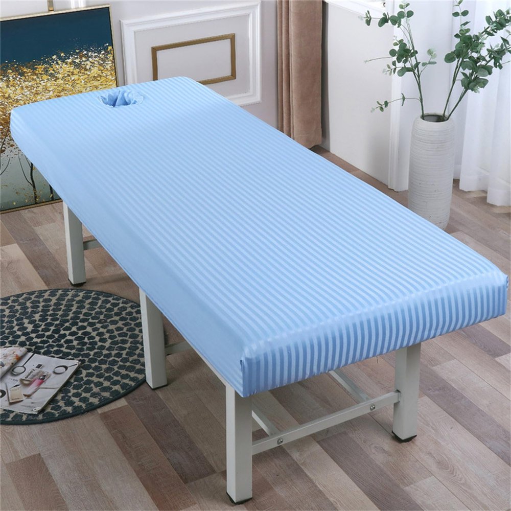 Chickwin Beauty Bed Cover, Stripe Print Washable Massage Bed Cover with Face Hole, Massage Table Cover Beauty Massage Spa Fitted Sheets for Beauty Bed & Tattoo Bed (190x80cm,Blue)