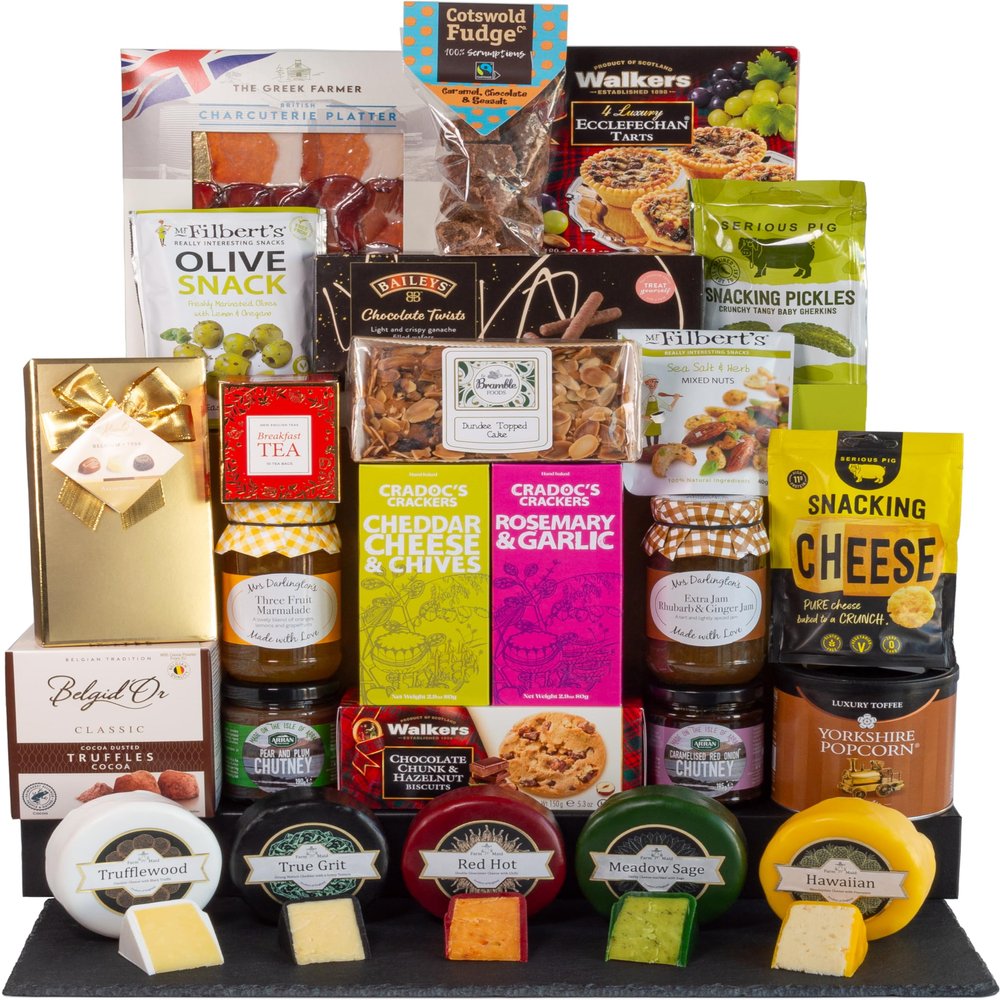 InterHamper | Golden Banquet Food Hamper Gift fit for a King with a selection of cheese truckles, charcuterie and much more all presented in a Golden Gift Box
