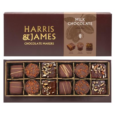 Harris & James Milk Chocolate Collection 12 Piece Chocolate Selection Box. Handmade Luxury Milk Chocolates From Bean To Bar. Fudge Square, Salted Caramel & Hazelnut Praline Mixed Selection Box 180g
