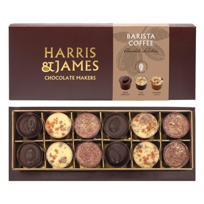 Harris & James Barista Collection 12 Piece Chocolate Selection Box. Handmade Luxury Coffee Chocolates From Bean To Bar. Dark Espresso, Flat White & Caramel Latte Milk & Dark Mixed Selection Box (180g)