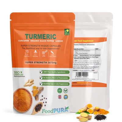 FoodPURA 180 x Turmeric and Black Pepper Capsules with Ginger - High Strength (3675mg) Curcumin Supplement, UK Manufactured & HACCP Certified