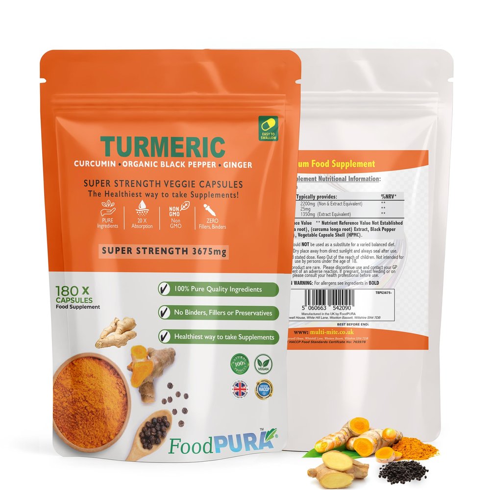 FoodPURA 180 x Turmeric and Black Pepper Capsules with Ginger - High Strength (3675mg) Curcumin Supplement, UK Manufactured & HACCP Certified