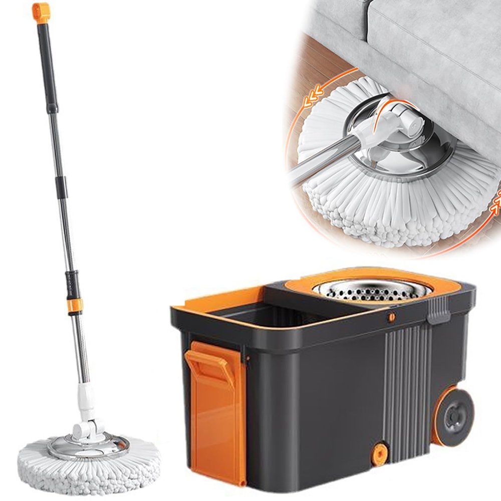 QIeAny Hand-Washable Mop Set, Removable Stainless Steel Clothes Basket, Rollers/Drainage Holes at The Bottom of The Mop Bucket + Integrated Washing And Dehydration + Rotating Joint,Black