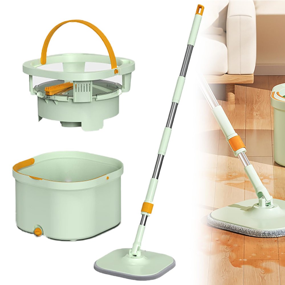 Sewage Separation Mop Set, No-hand Cleaning Cleaning Set, 2.5L Water Storage Bucket+360 Rotating Joint+Covering Area 0.3+Side And Bottom Scraping Teeth+Removable Inner And Outer Buckets ,Green