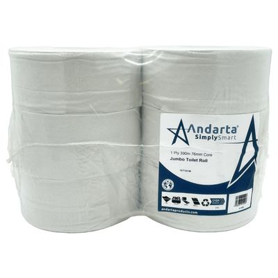 Andarta - 1Ply Jumbo Toilet Rolls with 76mm Core - 390m Per Roll - Pack of 6 High Capacity Toilet Roll - Made from Recycled Materials - Suitable for All Jumbo Dispensers - Bulk Toilet Roll