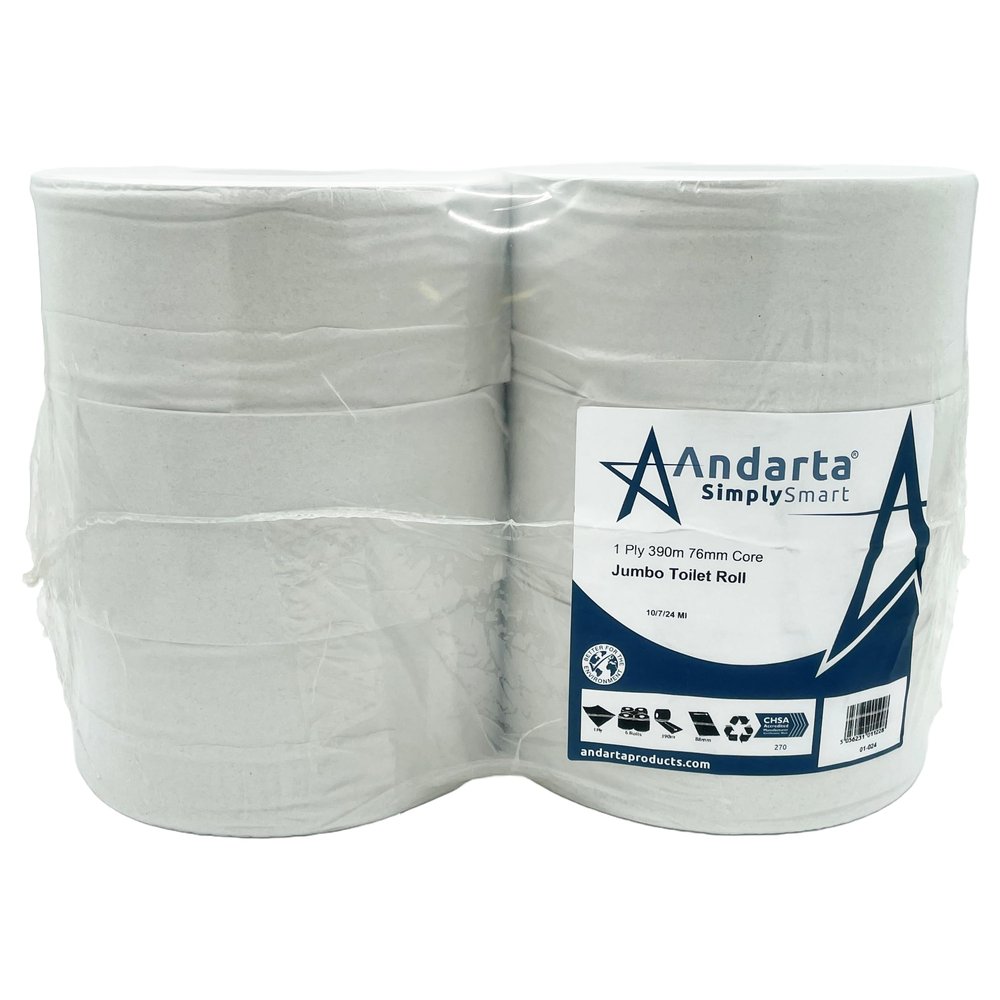 Andarta - 1Ply Jumbo Toilet Rolls with 76mm Core - 390m Per Roll - Pack of 6 High Capacity Toilet Roll - Made from Recycled Materials - Suitable for All Jumbo Dispensers - Bulk Toilet Roll