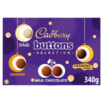Cadbury Buttons Selection Box, Festive Chocolate Selection Box including Orange, Milk and Caramel Nibbles, Perfect Stocking Filler Gift, 340 g (Pack of 1)
