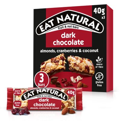 Eat Natural Fruit & Nut Bar, Peanuts, Cranberries, Almonds, Coconut and Dark chocolate, Vegan, Gluten-Free Snack, Great for On the Go, 3 x 40 g