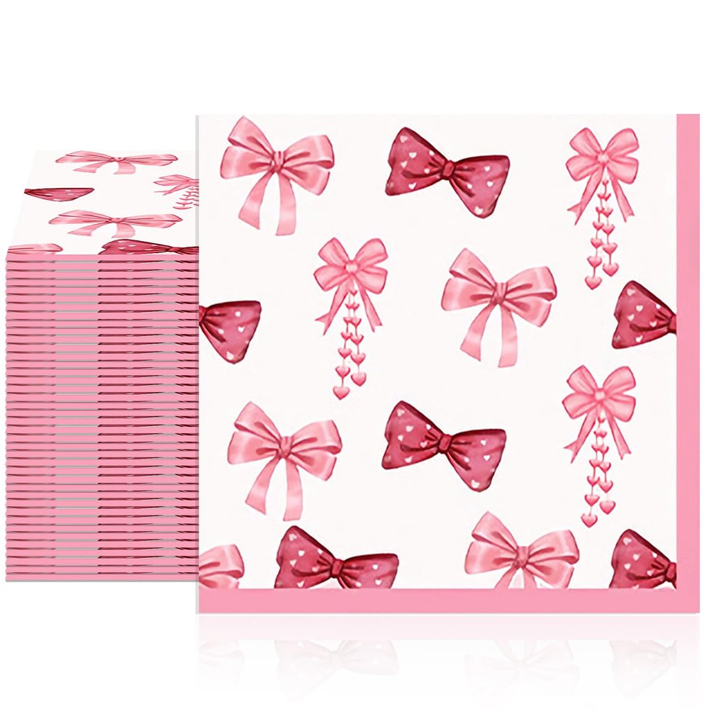 40 Pcs Bow Napkins for Pink Bow Happy Birthday Party Supplies Bachelorette Party Bow Theme Paper Napkins Disposable for Girls Birthday Bridal Party Napkins 2 Ply 6.5 x 6.5 Inches