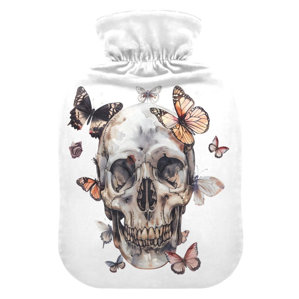 Hot Water Bottle, 2L Large Hot Water Bag with Soft Plush Cover Skull and Butterfly, Leak Proof Screw Plug Best for Winter Sports Outdoors Back Neck and Leg Cold Muscle Pain and Cramps