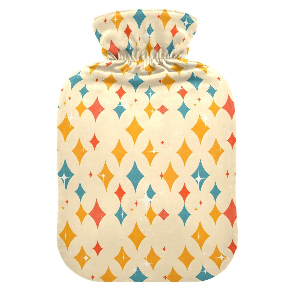 Hot Water Bottle, 1L Small Hot Water Bag with Soft Plush Warmer Cover Diamonds Yellow, Leak Proof Screw Plug Best for Winter Sports Outdoors Back Neck and Leg Cold Muscle Pain and Cramps