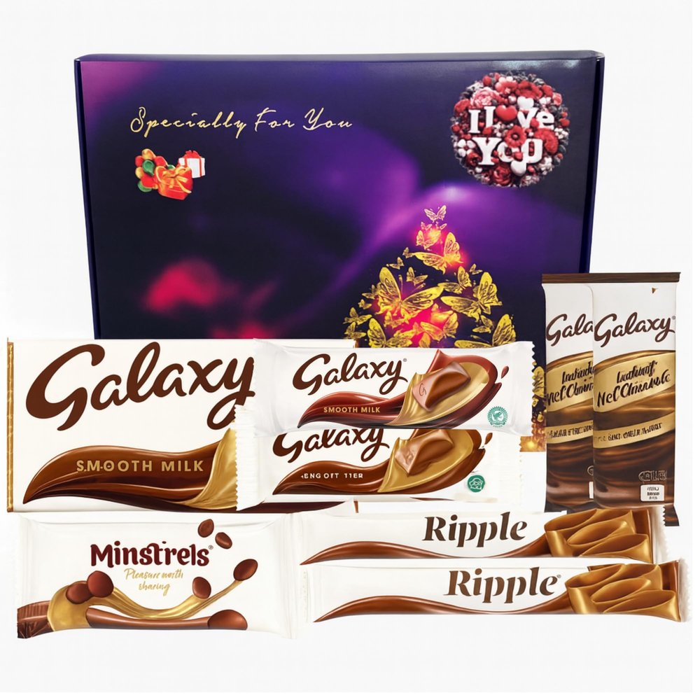 Chocolate Gift Box Hamper 8x Assorted Variety | Hamper Gift For Men & Women, Mum and dad | Milk Chocolate,Ripple, Hot chocolate, Mistrels & Bars | Thoughtful Presents (I Love You)