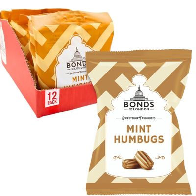 Bonds of London Mint Humbugs Bags, Retro Boiled Sweets With a Toffee Centre, Vegetarian Friendly, 120 g (Pack of 12)