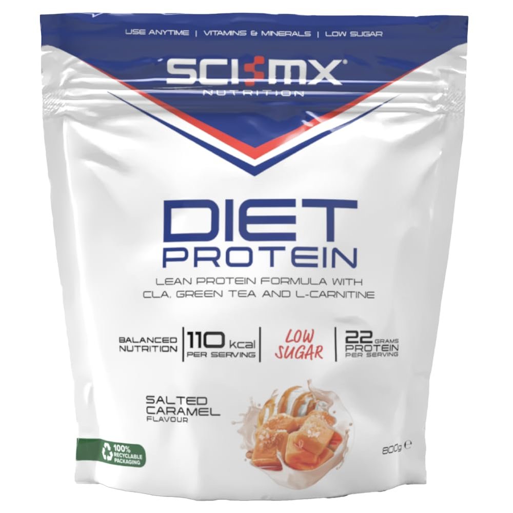 SCI-MX Diet Whey Protein Powder + Vitamins & Green Tea, CLA & L-Carnitine - Salted Caramel  Low Sugar  22g Protein + 110 Calories per Serving  800g