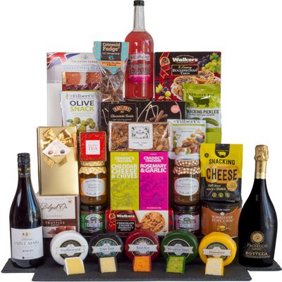 InterHamper | Golden Spectacular Hamper Gift fit for a King with a selection of cheese truckles, charcuterie, Prosecco and much more all presented in a Golden Gift Box