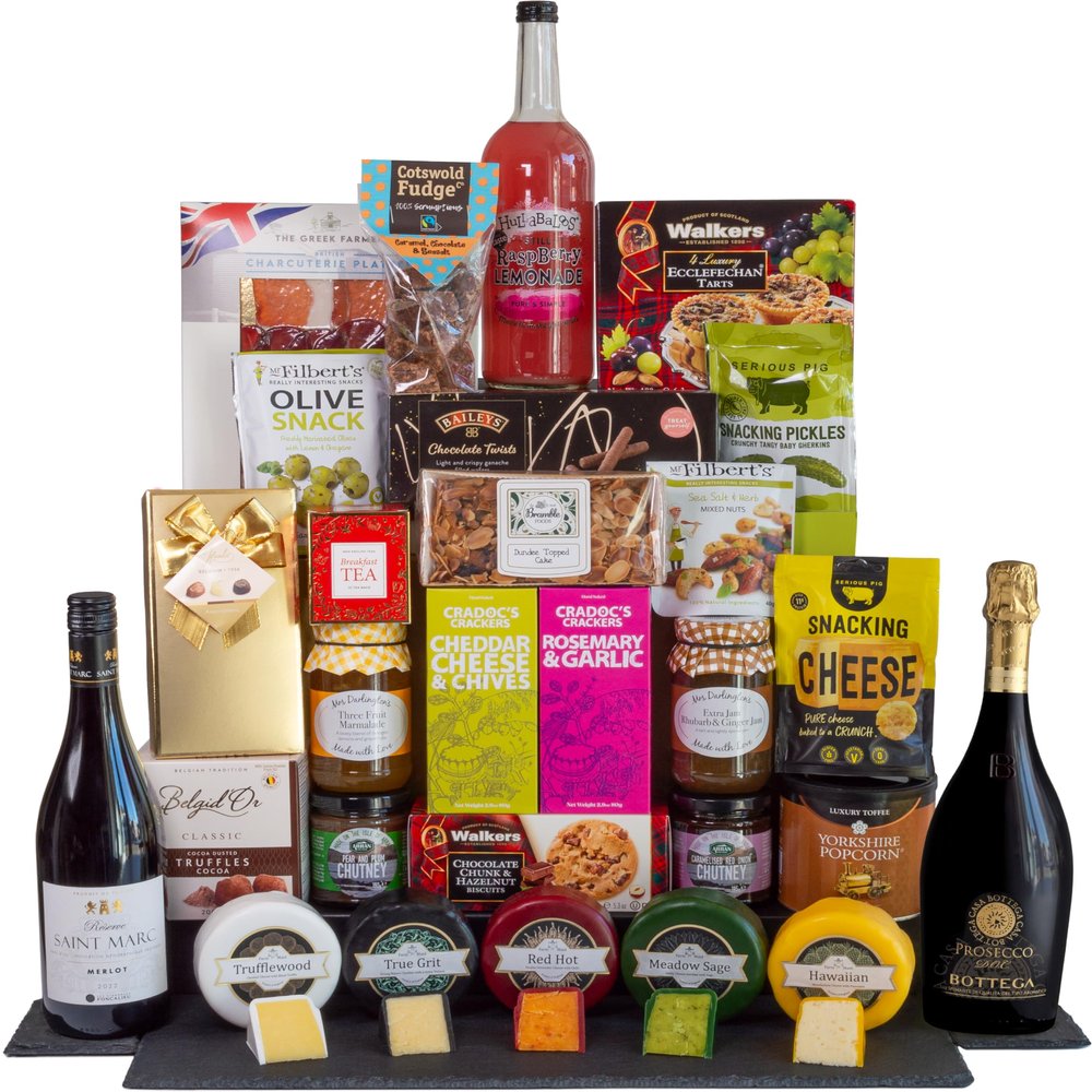 InterHamper | Golden Spectacular Hamper Gift fit for a King with a selection of cheese truckles, charcuterie, Prosecco and much more all presented in a Golden Gift Box