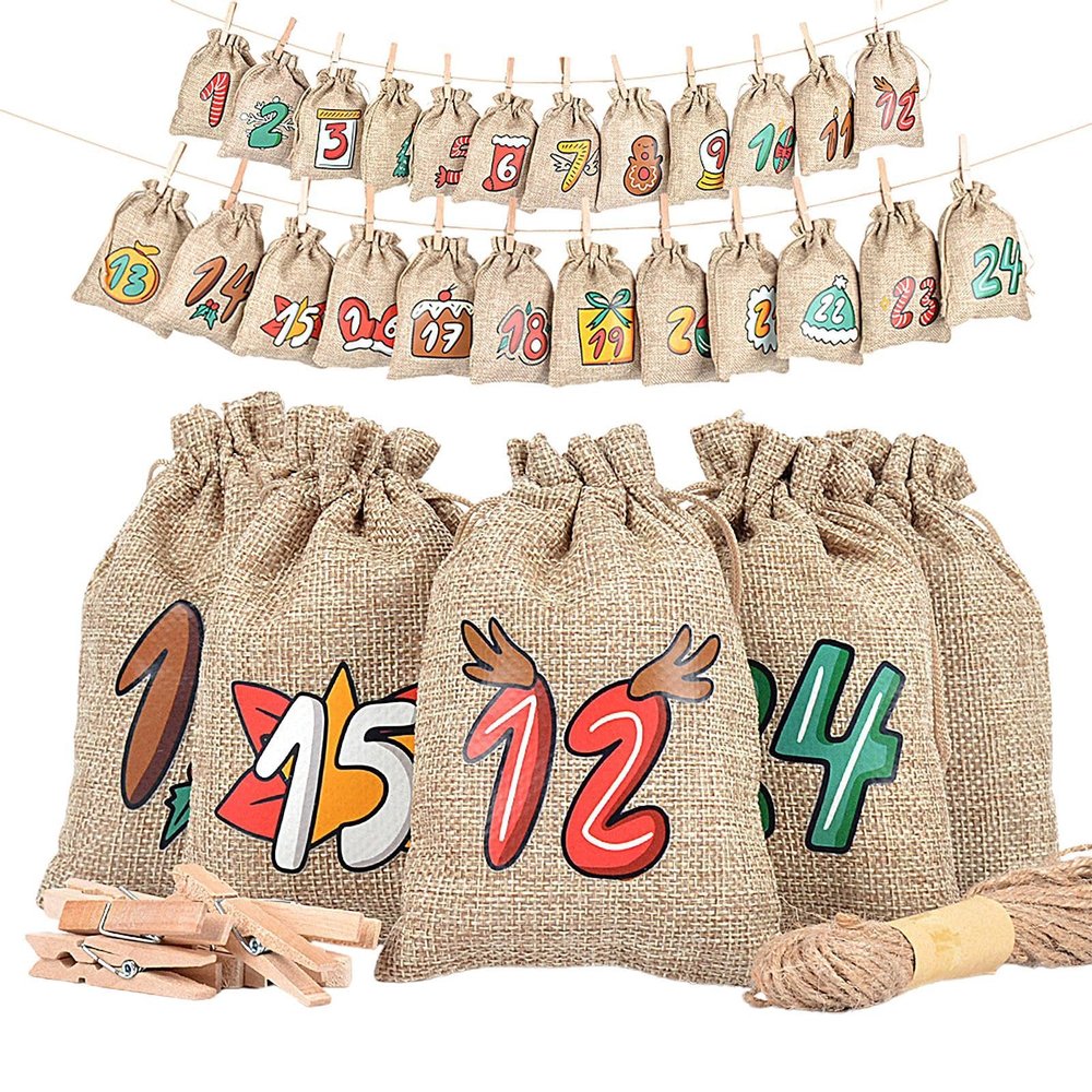 24 Piece Burlap Advent Calendar Bags - Cute Christmas Cookie Bags with Cotton Rope, Drawstring Pouch, Partys Favor, 24Pcs Reusable Burlap Holiday Christmas Candy Holder Accessories for Cookies Goodies