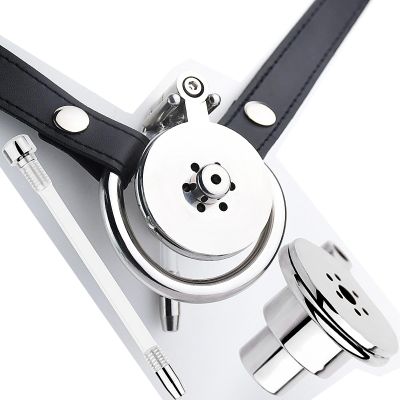 Curved Ring Flat Chastity Cage with Urethral Plug and Leather Belt, Stainless Steel Chastity Device for Men -UKHA21 (40mm Arc Ring)
