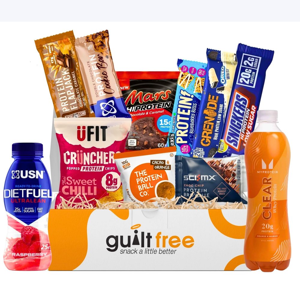 Protein Hamper Snacks Gift Box 1.35KG Gym Gifts for Men & Women - Ideal Protein Hampers Gym Hamper for Him & Her Fitness Selection Box with Protein Bar, Flapjacks, Chips, and Drink by GuiltFree