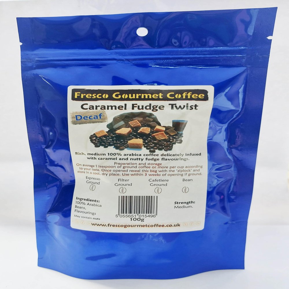 Decaffeinated Flavoured Coffee Bean - Caramel Fudge Twist, Ground for Filter Coffee Maker, 100g