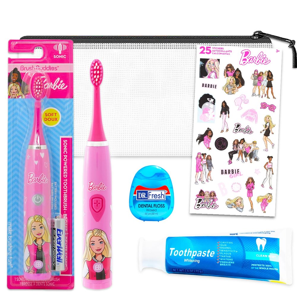 Barbie Oral Care Travel Kit for Kids, Pack with a Toothbrush, Toothpaste, Dental Floss, Travel Bag, More for Girls, Toddlers, Brush Set