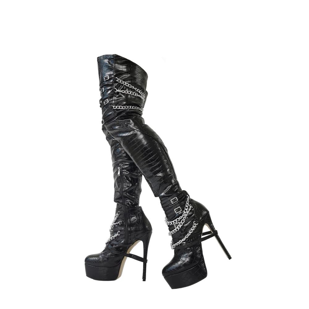 Thigh High Boots for Womens. Plus Size Shoes Stilettos Platform Over The Knee High Boots. for Stripper Cross-Dressing Party Shows,Patent Black,8 UK