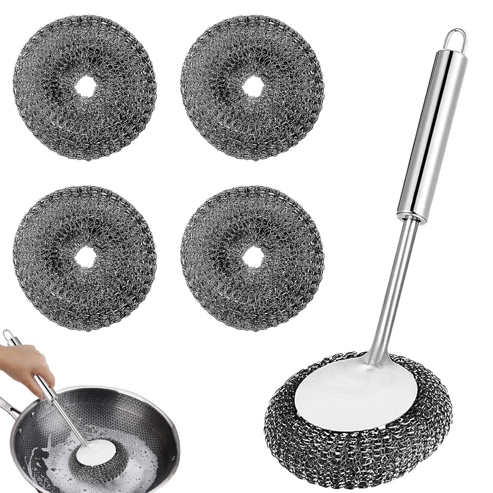 FHBHJNATC Set of 5 steel sponge handles, scourer stainless steel, steel wool sponge, it is used to clean kitchen utensils such as kitchen stoves, pots, bowls, pots etc