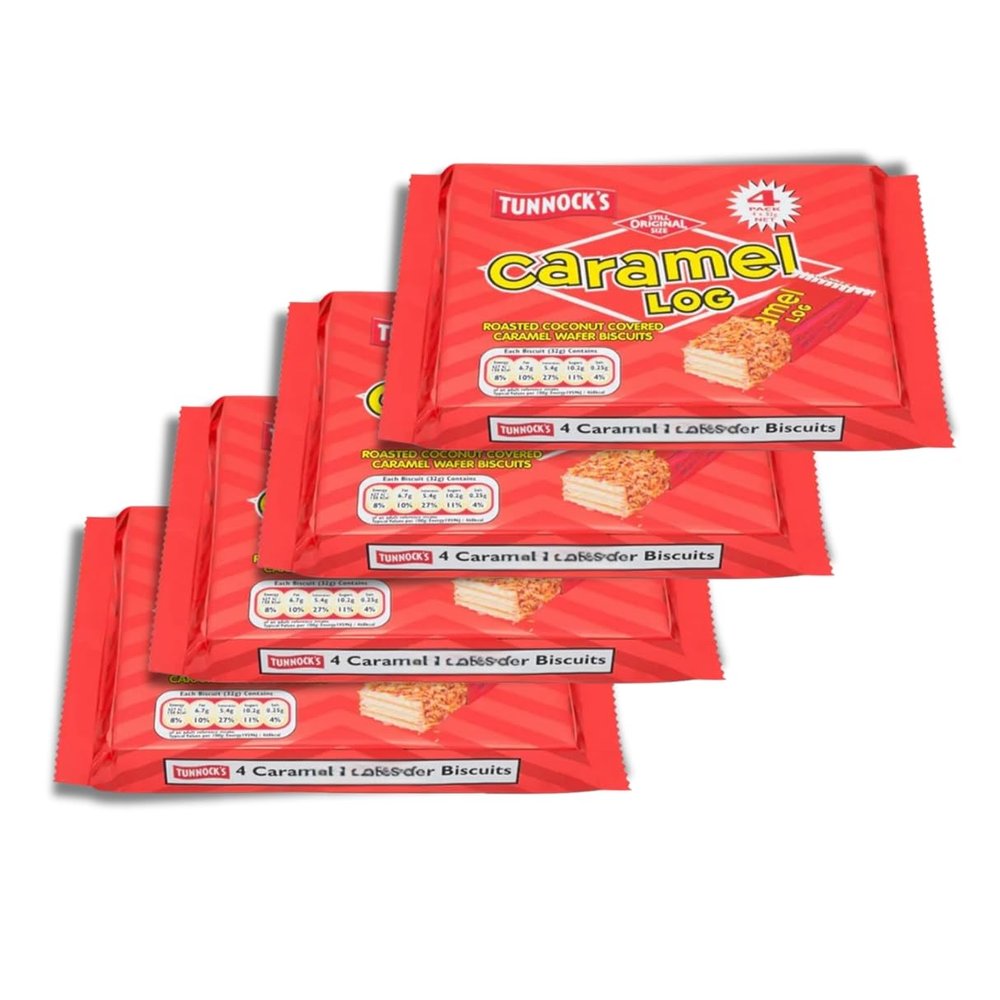 Tunnock's Caramel Log Wafer Biscuits  16 Individually Wrapped Biscuits, Irresistibly Delicious Caramel & Coconut Flavor, Perfect Snack for Everyone, Vegetarian-Friendly - 4 Pack (4 x 32g)