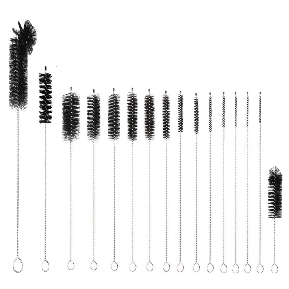 16 Pieces Bottle Brush Set, Nylon Bottle Brush with Flexible Stainless Steel Handle, Small and Long Handle Brush for Washing Narrow Neck Bottle, Straw, Pipes, Cup, Tube, Sink (Black)